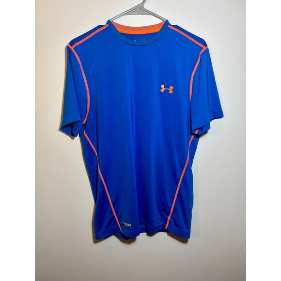 Under Armour Men’s HeatGear Blue Orange Athletic T-Shirt Size L Large Compress - Picture 1 of 5